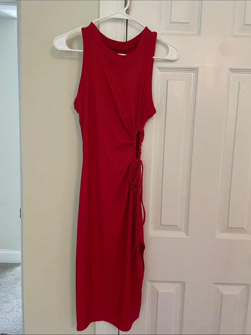 Amazon Red Sleeveless Ruched-Side Midi Dress